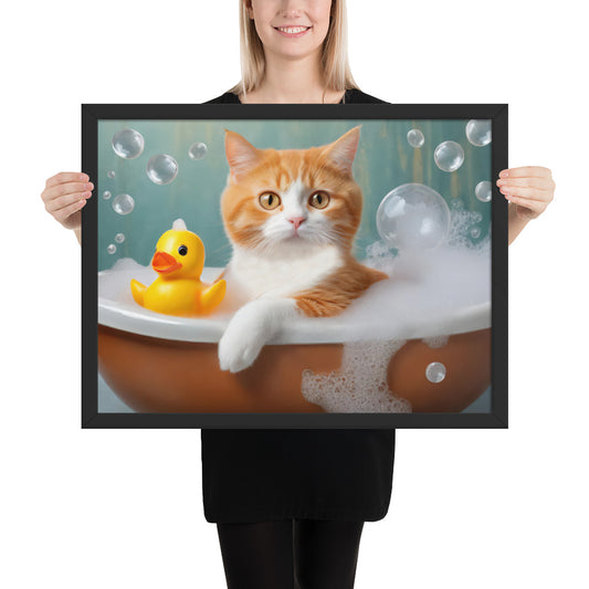 Adorable Cat Bubble Bath Framed Fine Art Poster Print - Perfect for Cat Lovers, Pet Enthusiasts, Kids, And Home Décor - Cute & Funny Design