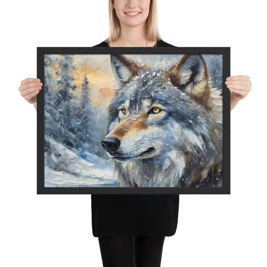 Beautiful Grey Wolf Framed Fine Art Poster Print - Vibrant Oil Painting, Winter Landscape, Perfect Gift For Nature, Winter & Wildlife Lovers