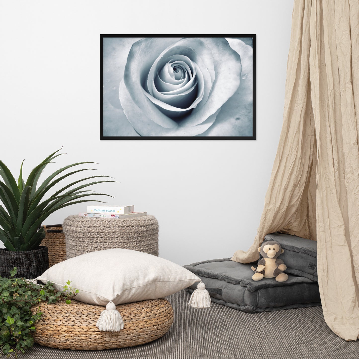 Elegant White Rose Macro Framed Photograph in Silver & Gray - Perfect Gift for Contemporary Art, Nature, Flower & B&W Photography Lovers