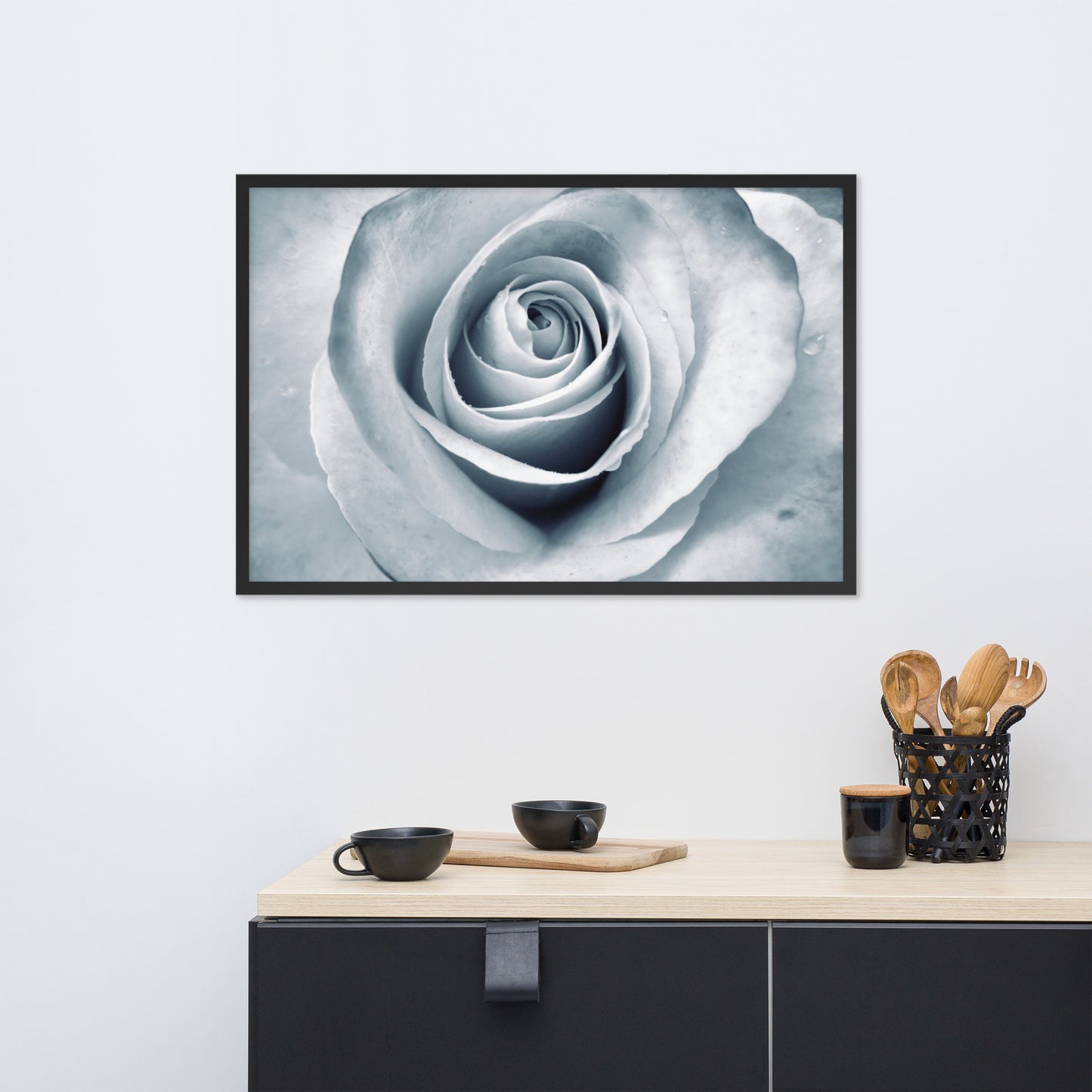 Elegant White Rose Macro Framed Photograph in Silver & Gray - Perfect Gift for Contemporary Art, Nature, Flower & B&W Photography Lovers