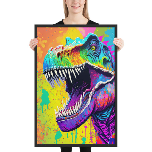 Vibrant Psychedelic T-Rex Art Print - Framed Rainbow Pop Art Wall Decor For Kids' & Teen Bedrooms, Alternative And Graffiti Art Lovers Gift