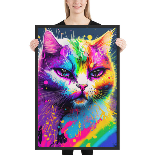 Psychedelic Cat Fine Art Framed Poster Print - Colorful Pop Art, Rainbow, Fun Perfect Gift For Kids, Alternative, Pop & Graffiti Art Lovers