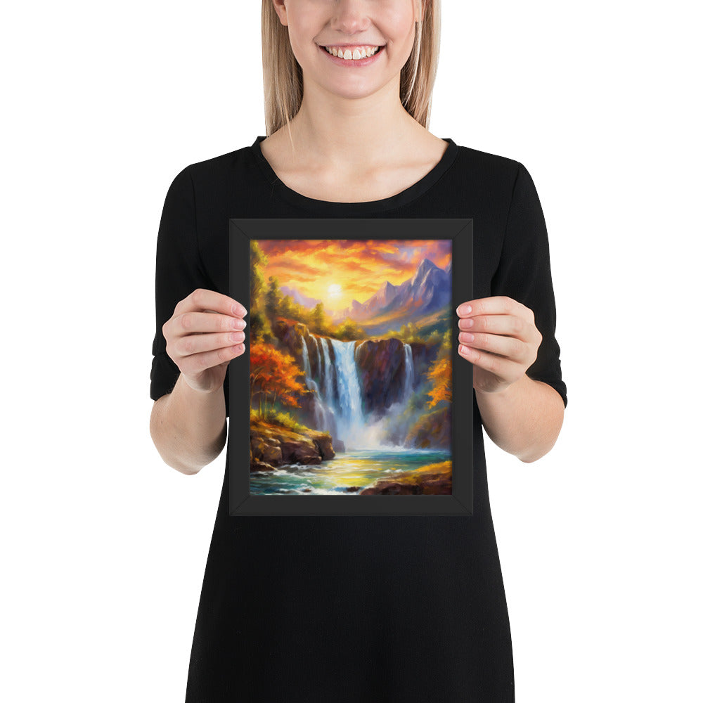 waterfall, waterfalls, nature, sunset, mountains, sunset, trees, clouds, art