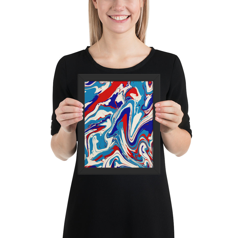 Vibrant Red, White & Blue Flow Acrylic Painting Framed Fine Art Poster Print - Elegant Abstract Modern Art for Home And Office Wall Décor