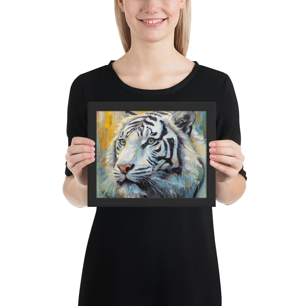 Majestic White Tiger Oil Painting Framed Poster Print - Vibrant, Stylish, Art Gift for Nature &amp; Wildlife Lovers, Home And Office Wall Décor