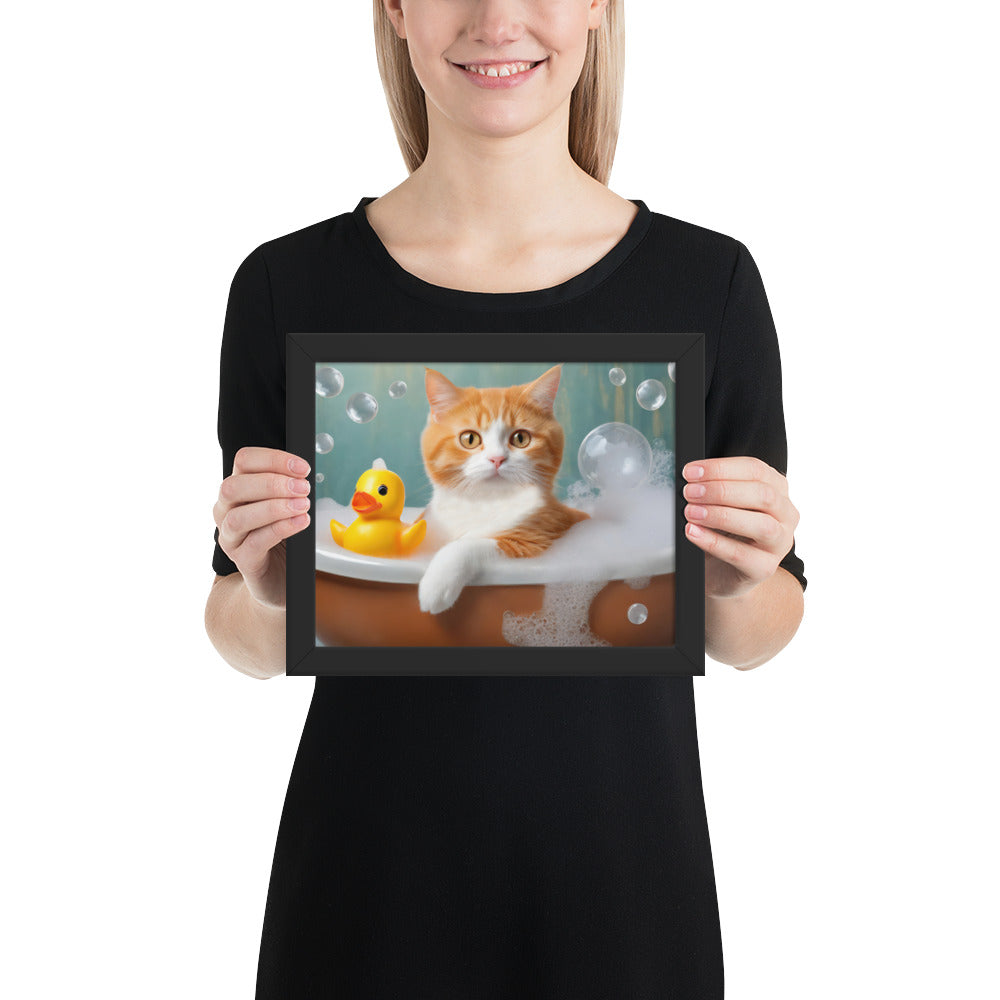 Adorable Cat Bubble Bath Framed Fine Art Poster Print - Perfect for Cat Lovers, Pet Enthusiasts, Kids, And Home Décor - Cute &amp; Funny Design