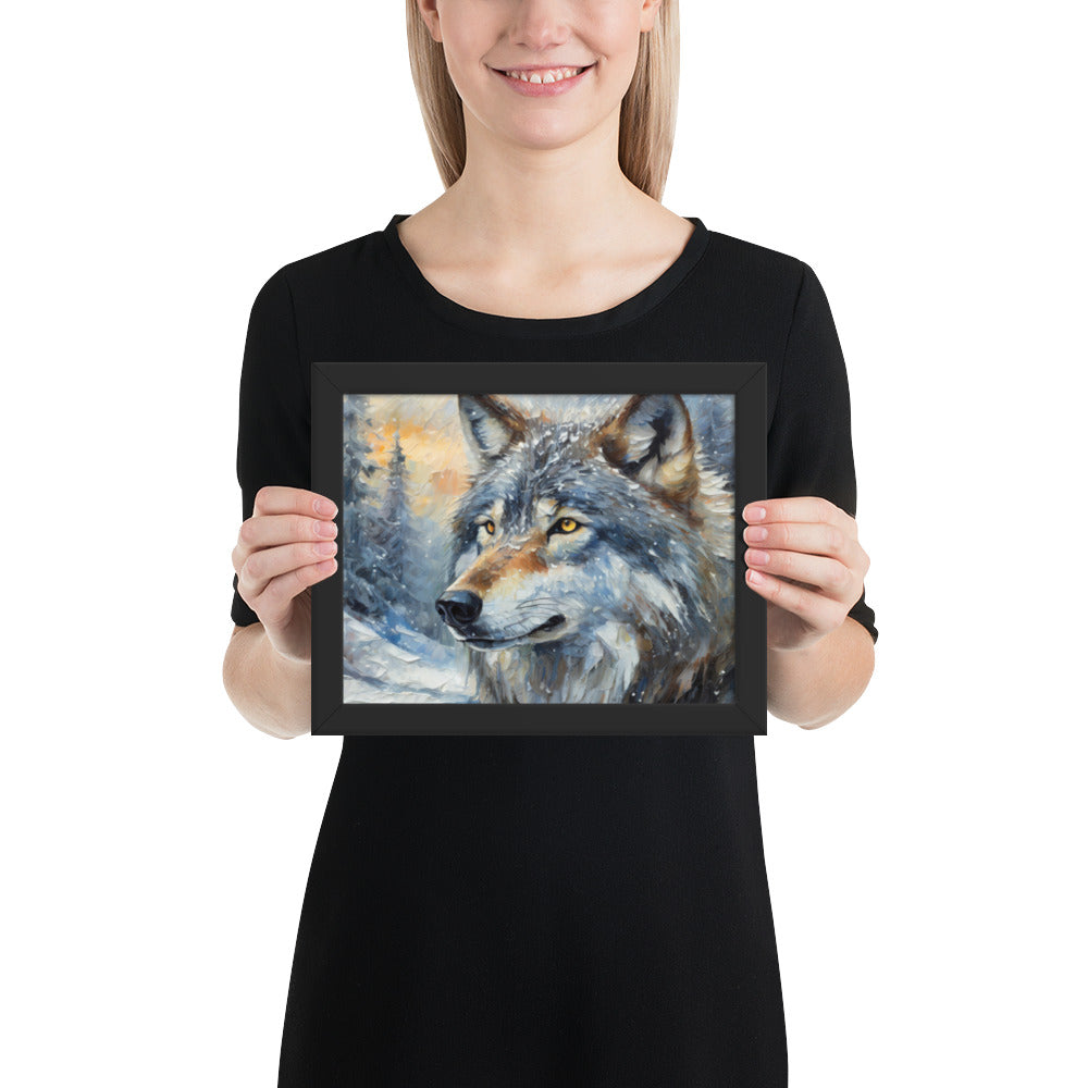 Beautiful Grey Wolf Framed Fine Art Poster Print - Vibrant Oil Painting, Winter Landscape, Perfect Gift For Nature, Winter &amp; Wildlife Lovers