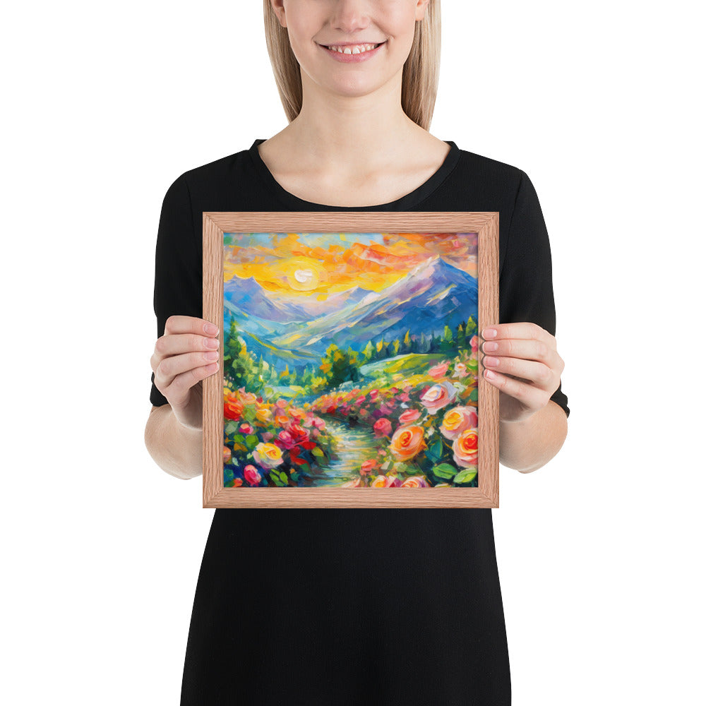 mountains, flowers, roses, sunset, clouds, landscape, scenic, colors, colorful,