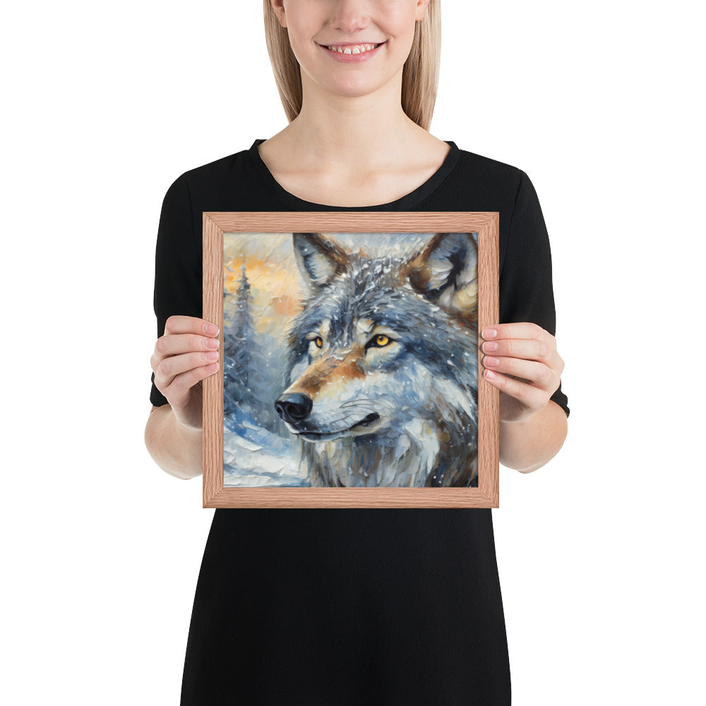 Beautiful Grey Wolf Framed Fine Art Poster Print - Vibrant Oil Painting, Winter Landscape, Perfect Gift For Nature, Winter &amp; Wildlife Lovers