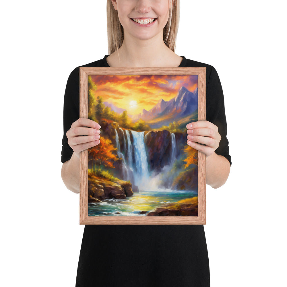 waterfall, waterfalls, nature, sunset, mountains, sunset, trees, clouds, art