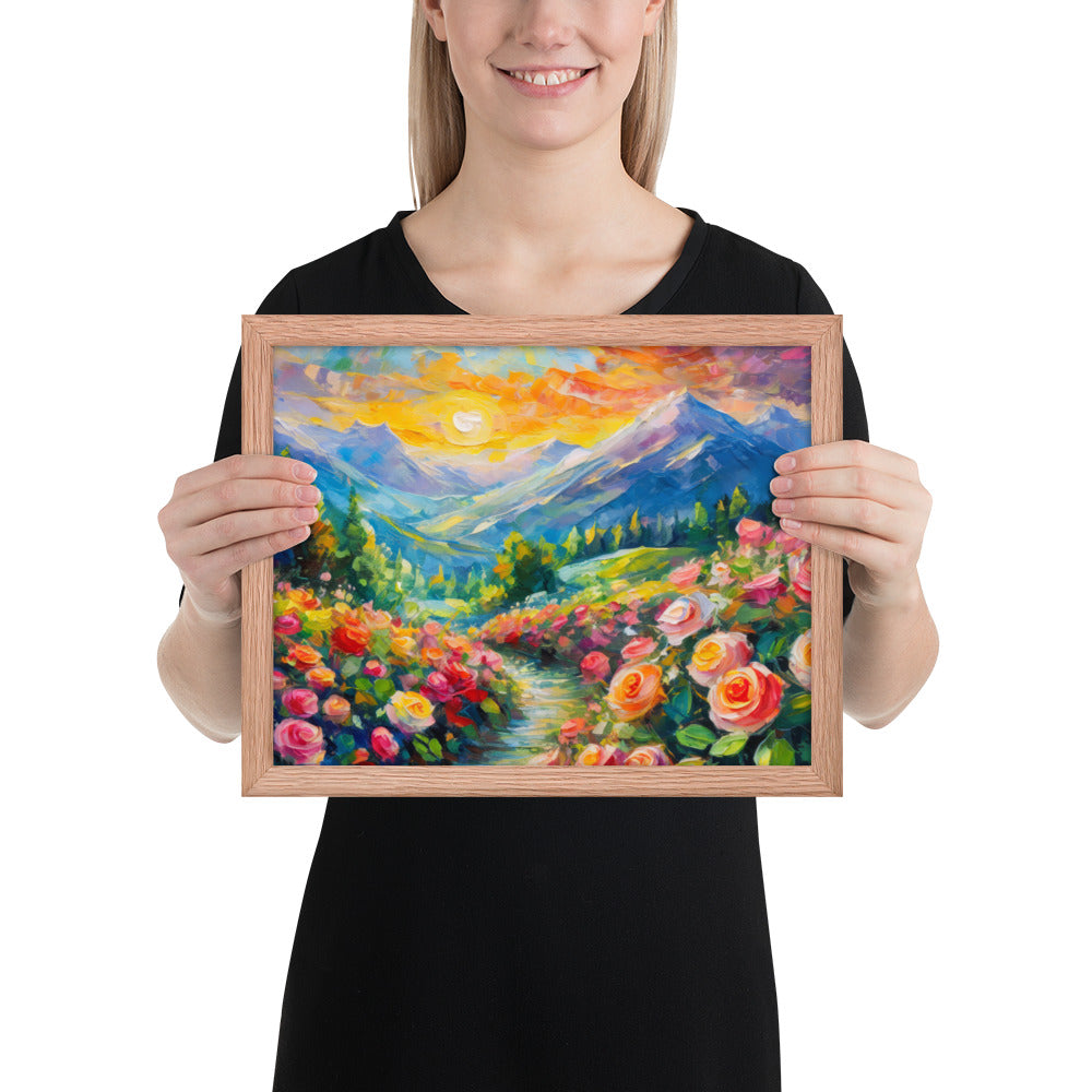 mountains, flowers, roses, sunset, clouds, landscape, scenic, colors, colorful,