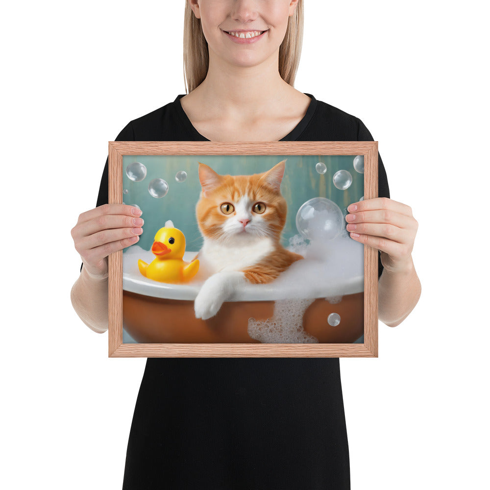 Adorable Cat Bubble Bath Framed Fine Art Poster Print - Perfect for Cat Lovers, Pet Enthusiasts, Kids, And Home Décor - Cute &amp; Funny Design