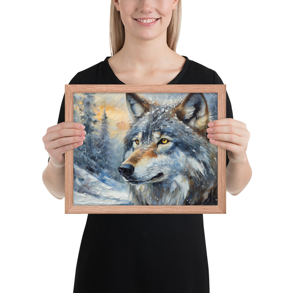 Beautiful Grey Wolf Framed Fine Art Poster Print - Vibrant Oil Painting, Winter Landscape, Perfect Gift For Nature, Winter &amp; Wildlife Lovers