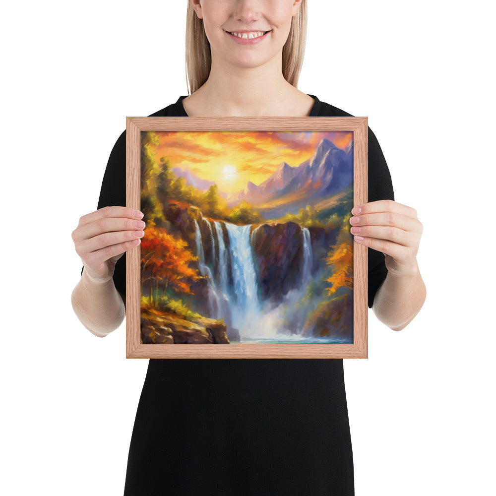 waterfall, waterfalls, nature, sunset, mountains, sunset, trees, clouds, art