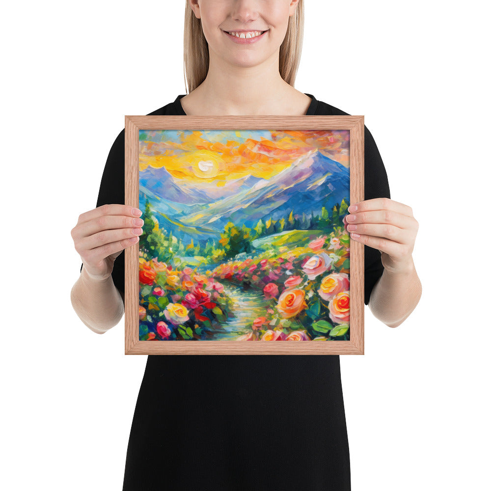 mountains, flowers, roses, sunset, clouds, landscape, scenic, colors, colorful,