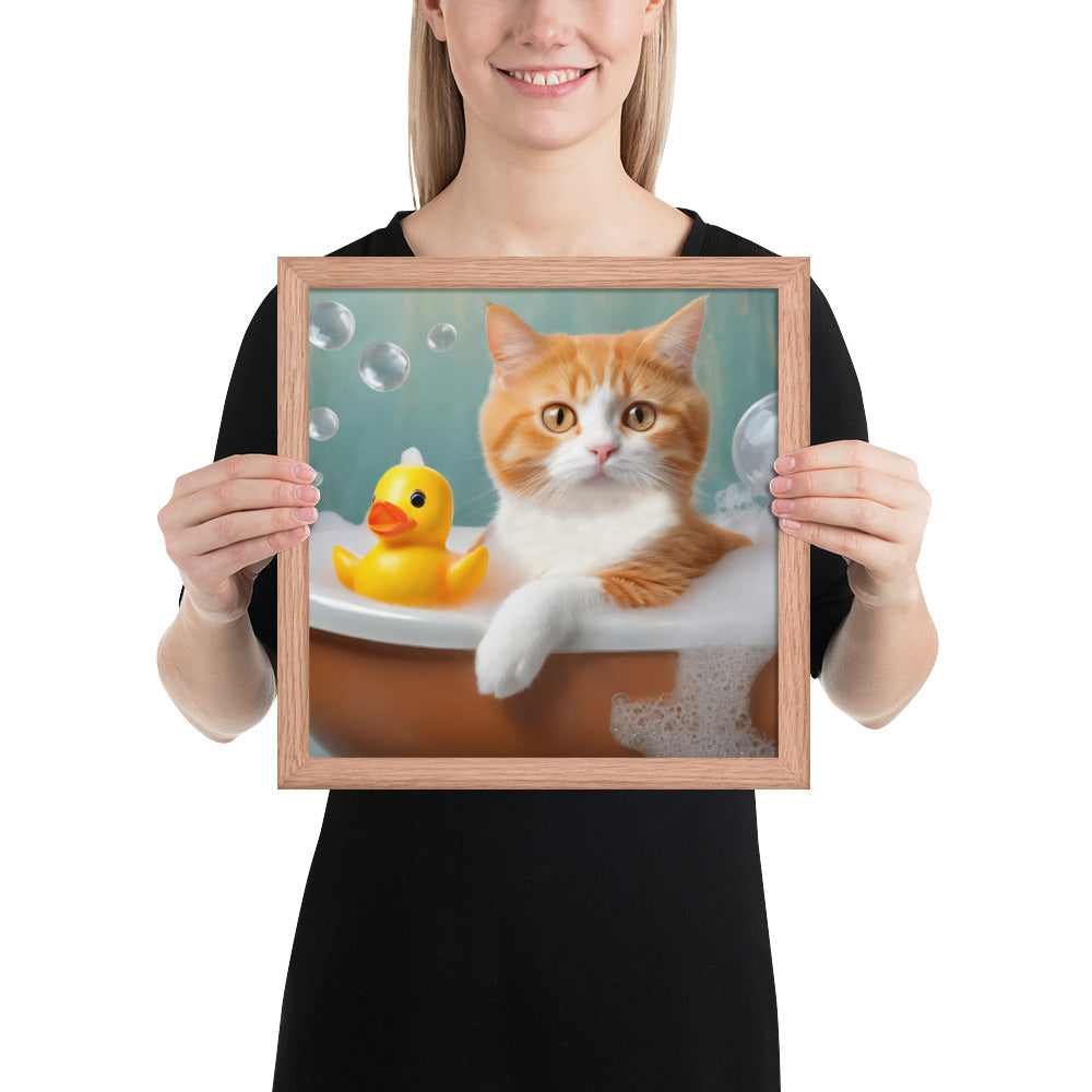 Adorable Cat Bubble Bath Framed Fine Art Poster Print - Perfect for Cat Lovers, Pet Enthusiasts, Kids, And Home Décor - Cute &amp; Funny Design