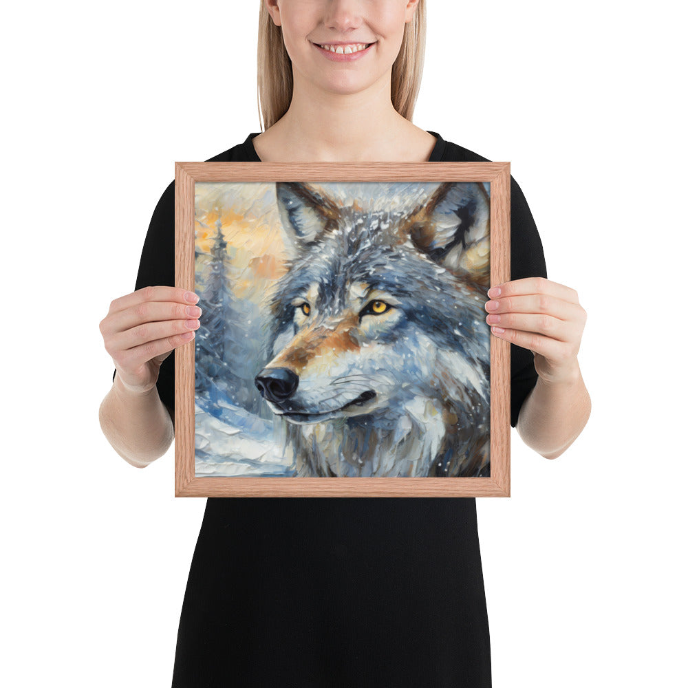 Beautiful Grey Wolf Framed Fine Art Poster Print - Vibrant Oil Painting, Winter Landscape, Perfect Gift For Nature, Winter &amp; Wildlife Lovers