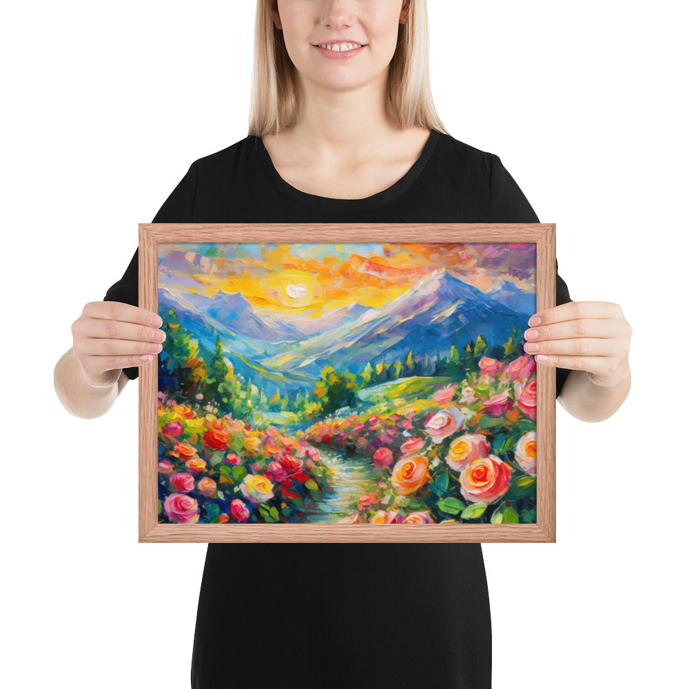 mountains, flowers, roses, sunset, clouds, landscape, scenic, colors, colorful,