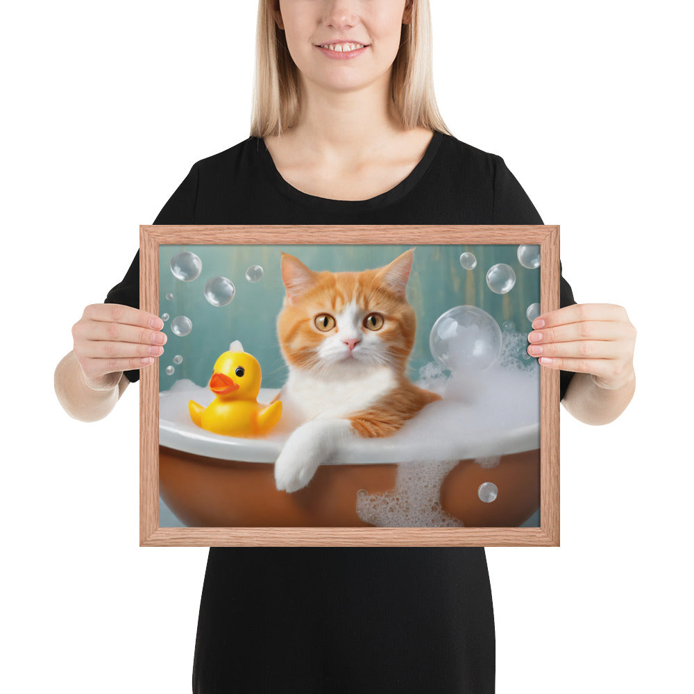 Adorable Cat Bubble Bath Framed Fine Art Poster Print - Perfect for Cat Lovers, Pet Enthusiasts, Kids, And Home Décor - Cute &amp; Funny Design