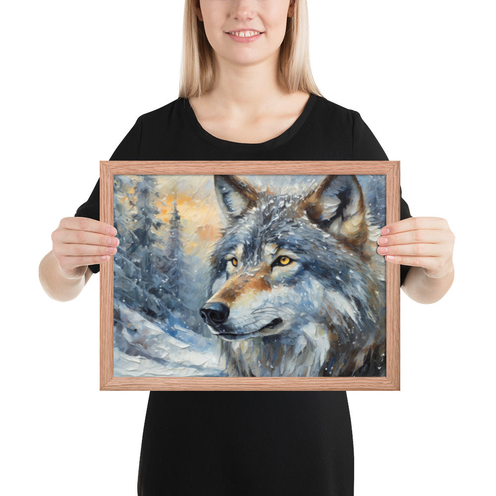 Beautiful Grey Wolf Framed Fine Art Poster Print - Vibrant Oil Painting, Winter Landscape, Perfect Gift For Nature, Winter &amp; Wildlife Lovers