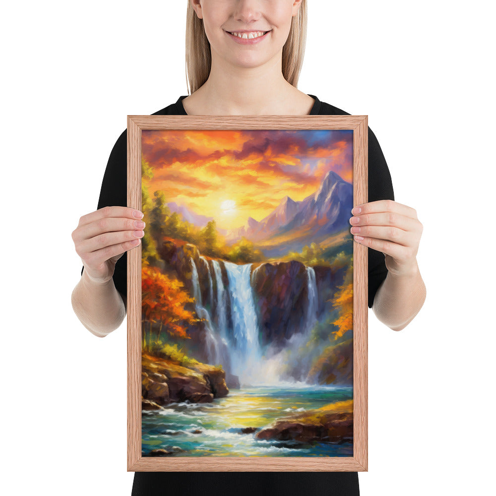 waterfall, waterfalls, nature, sunset, mountains, sunset, trees, clouds, art