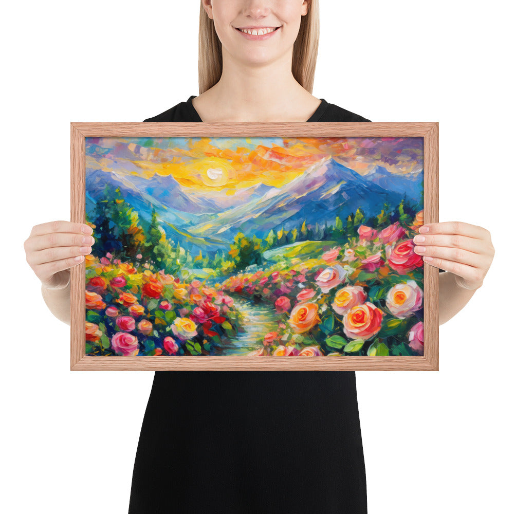 mountains, flowers, roses, sunset, clouds, landscape, scenic, colors, colorful,