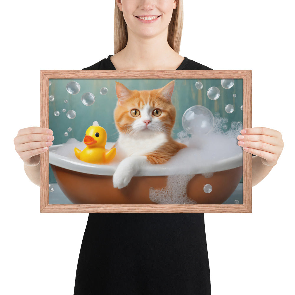 Adorable Cat Bubble Bath Framed Fine Art Poster Print - Perfect for Cat Lovers, Pet Enthusiasts, Kids, And Home Décor - Cute &amp; Funny Design