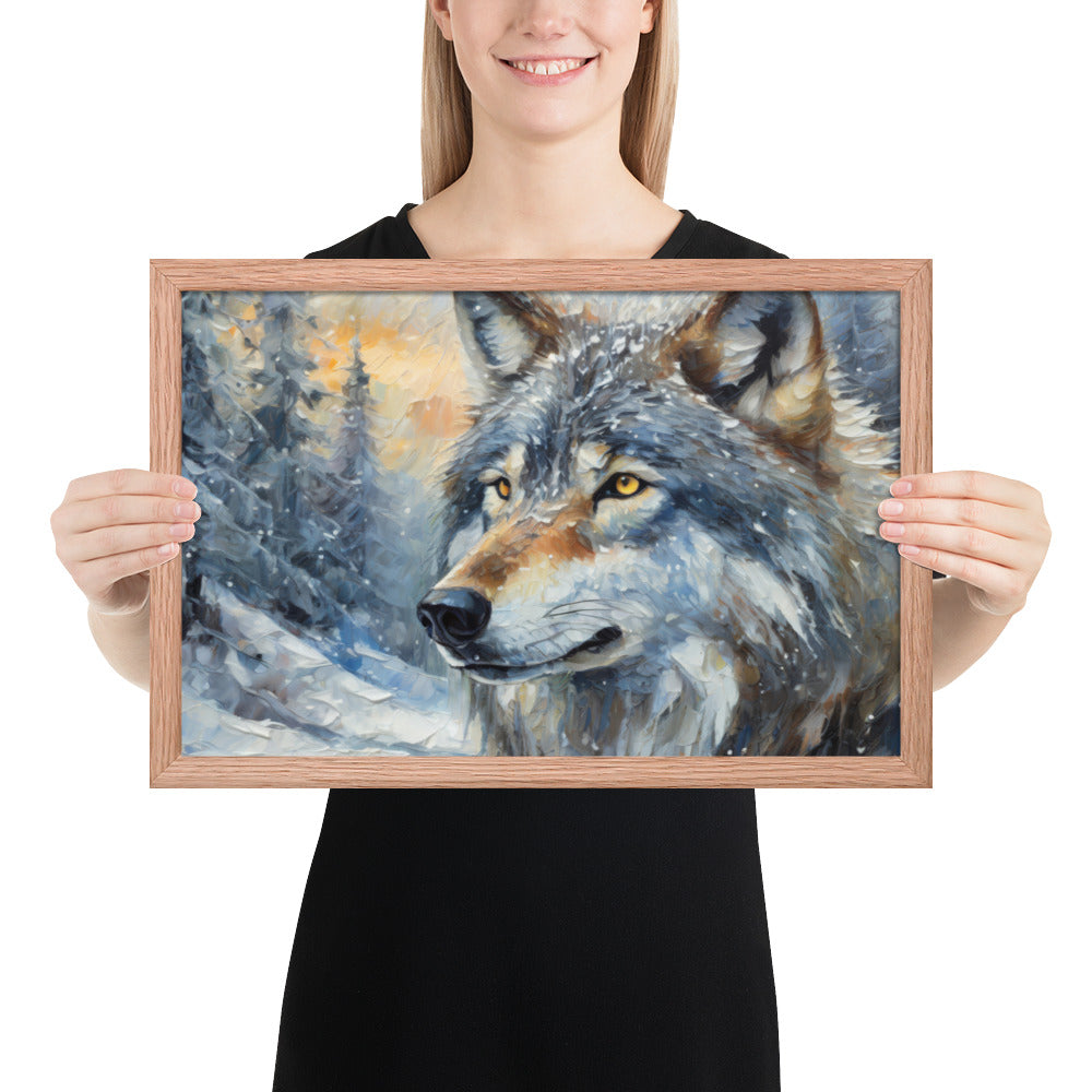 Beautiful Grey Wolf Framed Fine Art Poster Print - Vibrant Oil Painting, Winter Landscape, Perfect Gift For Nature, Winter &amp; Wildlife Lovers