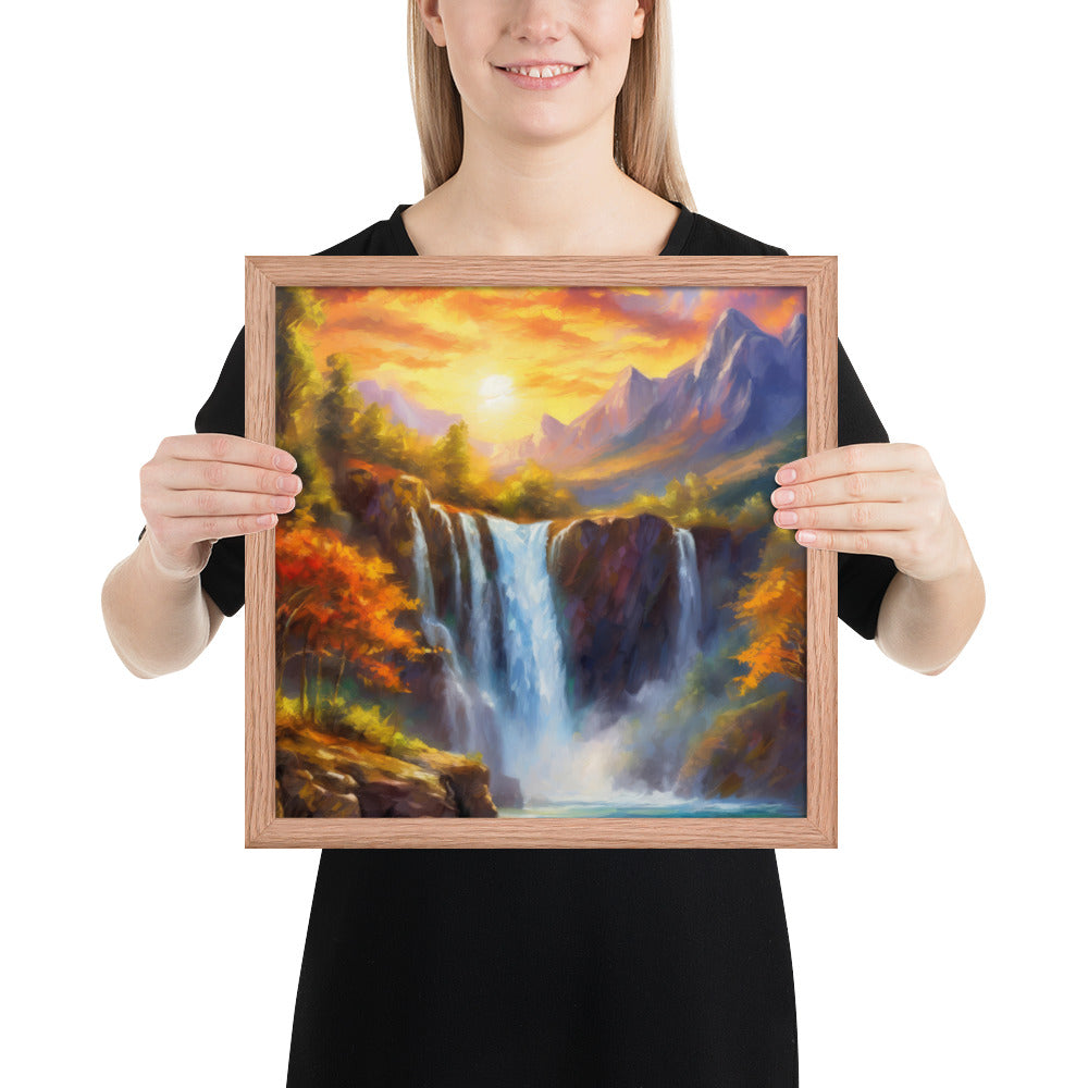 waterfall, waterfalls, nature, sunset, mountains, sunset, trees, clouds, art