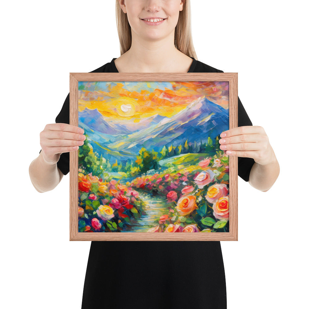 mountains, flowers, roses, sunset, clouds, landscape, scenic, colors, colorful,