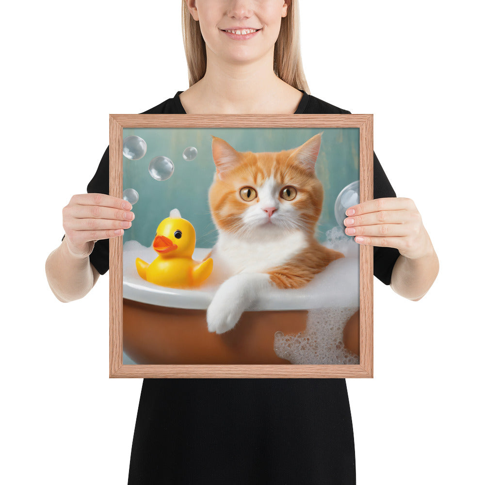 Adorable Cat Bubble Bath Framed Fine Art Poster Print - Perfect for Cat Lovers, Pet Enthusiasts, Kids, And Home Décor - Cute &amp; Funny Design