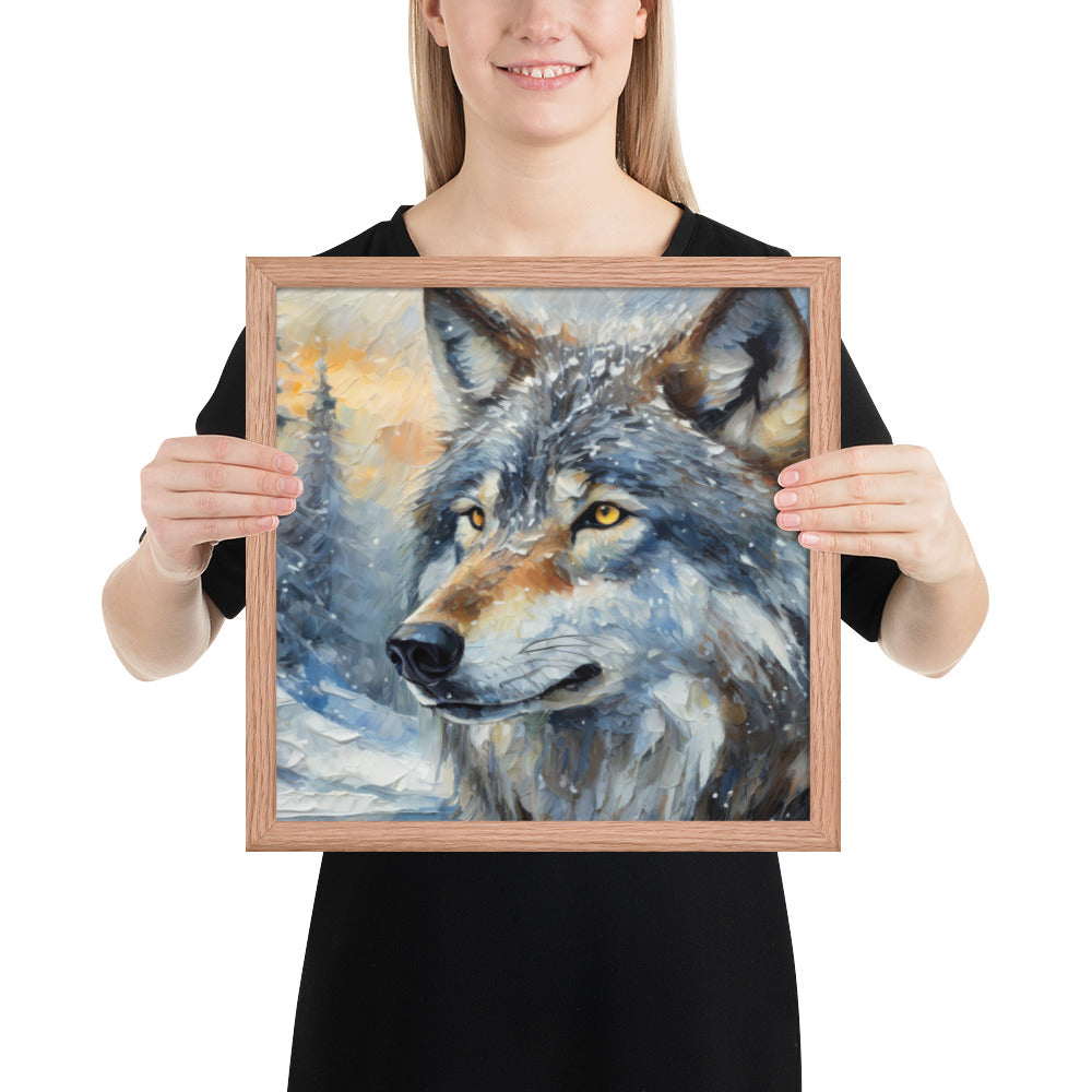 Beautiful Grey Wolf Framed Fine Art Poster Print - Vibrant Oil Painting, Winter Landscape, Perfect Gift For Nature, Winter &amp; Wildlife Lovers
