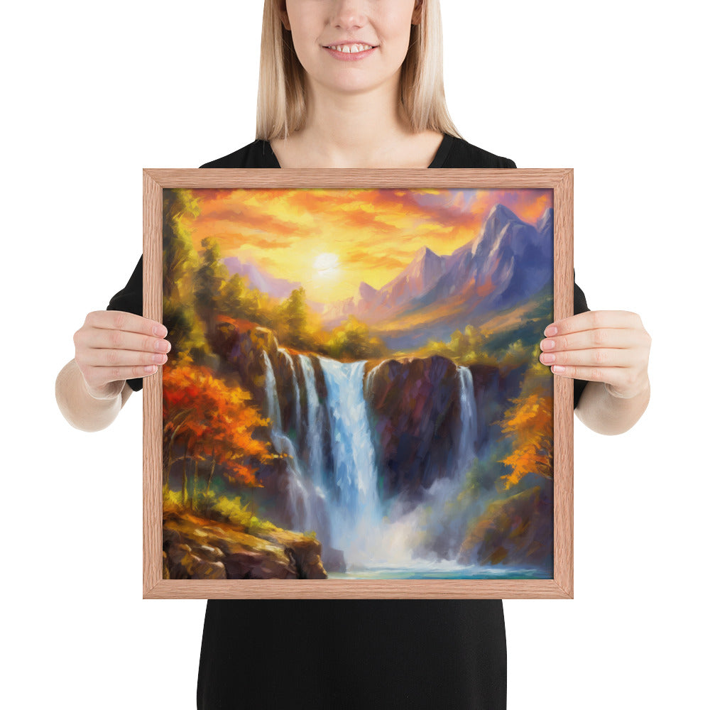 waterfall, waterfalls, nature, sunset, mountains, sunset, trees, clouds, art