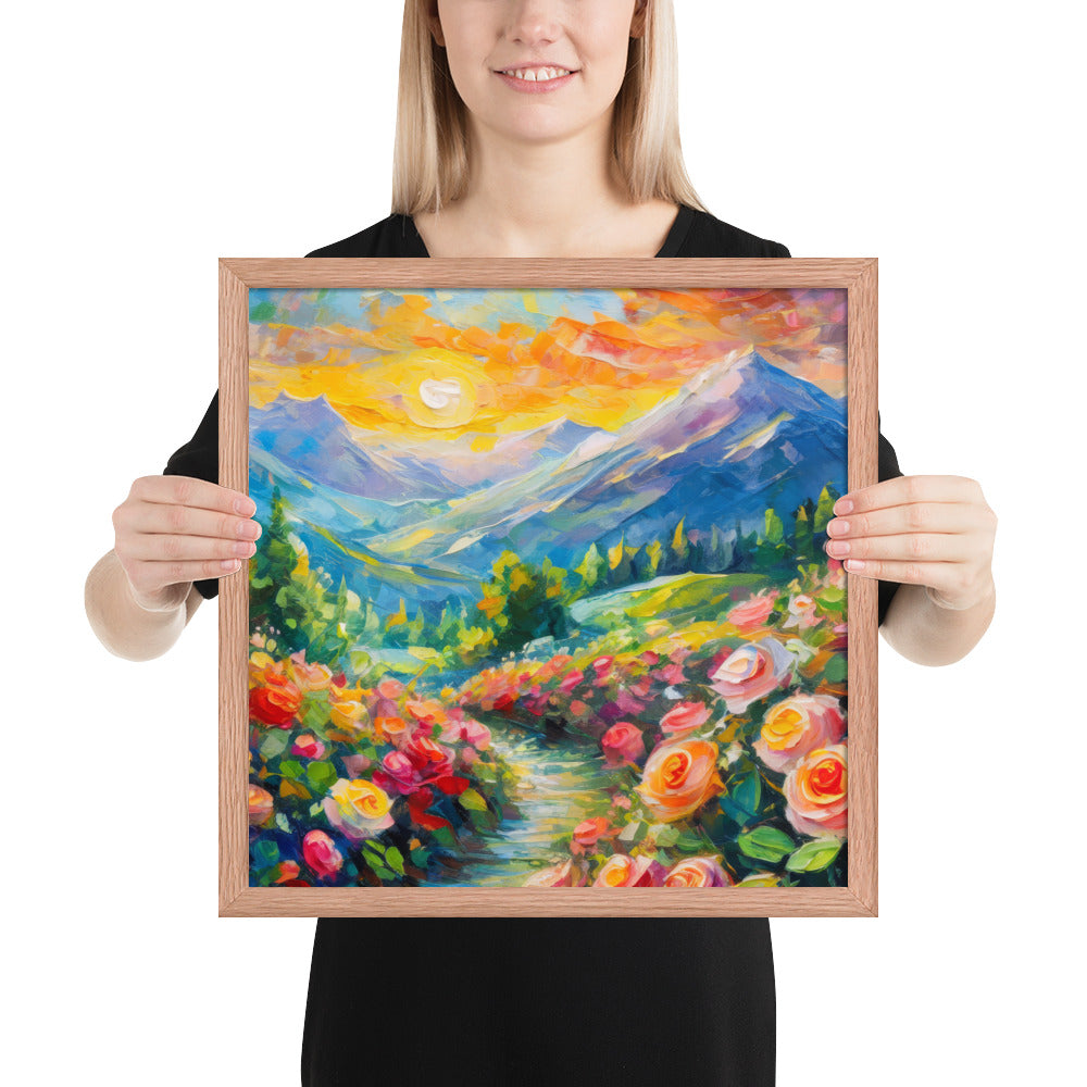 mountains, flowers, roses, sunset, clouds, landscape, scenic, colors, colorful,