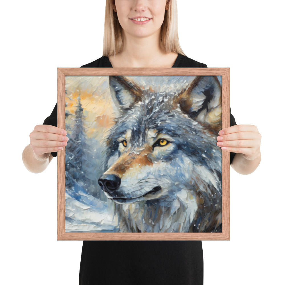 Beautiful Grey Wolf Framed Fine Art Poster Print - Vibrant Oil Painting, Winter Landscape, Perfect Gift For Nature, Winter &amp; Wildlife Lovers