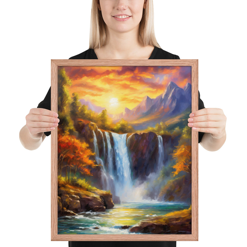 waterfall, waterfalls, nature, sunset, mountains, sunset, trees, clouds, art
