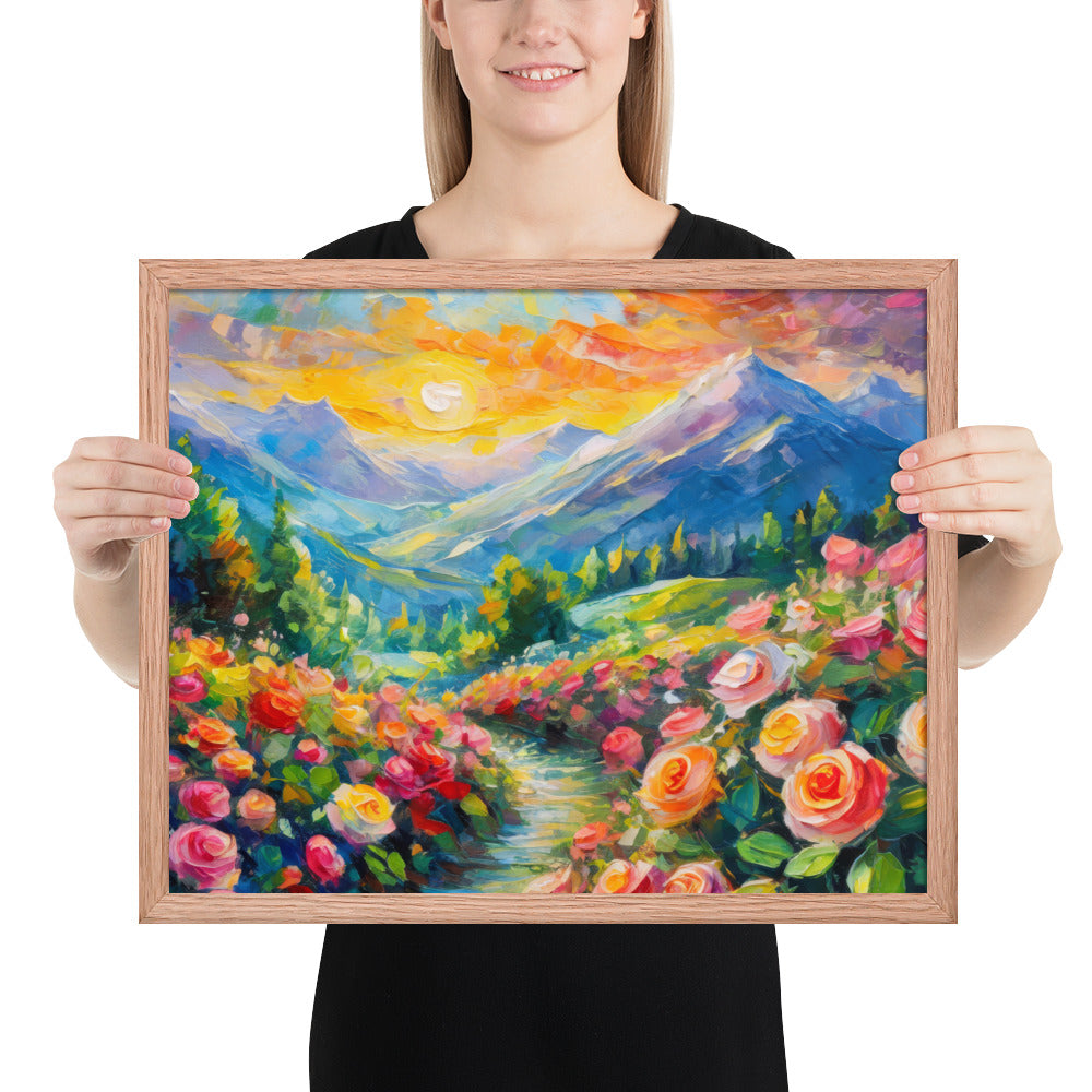 mountains, flowers, roses, sunset, clouds, landscape, scenic, colors, colorful,