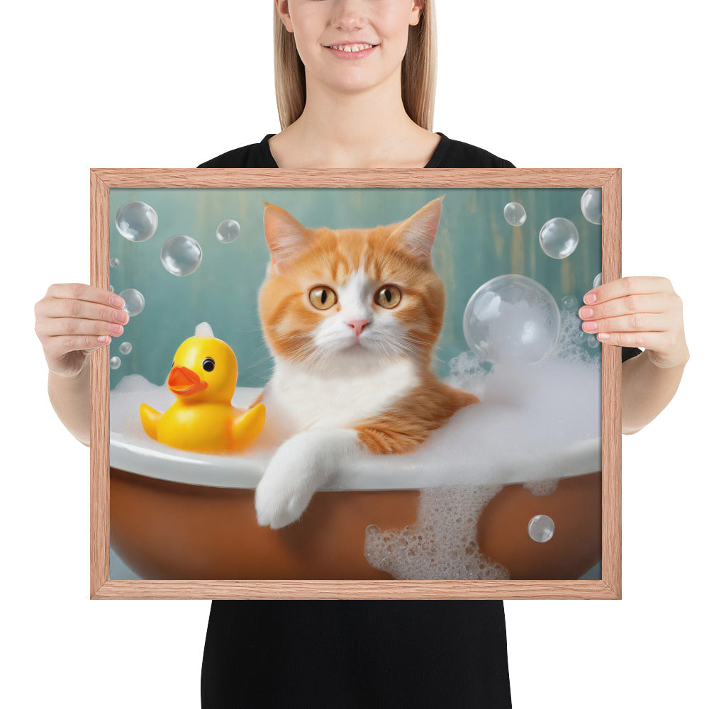 Adorable Cat Bubble Bath Framed Fine Art Poster Print - Perfect for Cat Lovers, Pet Enthusiasts, Kids, And Home Décor - Cute &amp; Funny Design