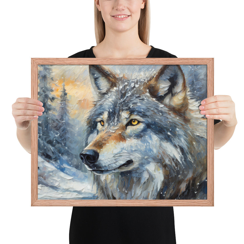 Beautiful Grey Wolf Framed Fine Art Poster Print - Vibrant Oil Painting, Winter Landscape, Perfect Gift For Nature, Winter &amp; Wildlife Lovers