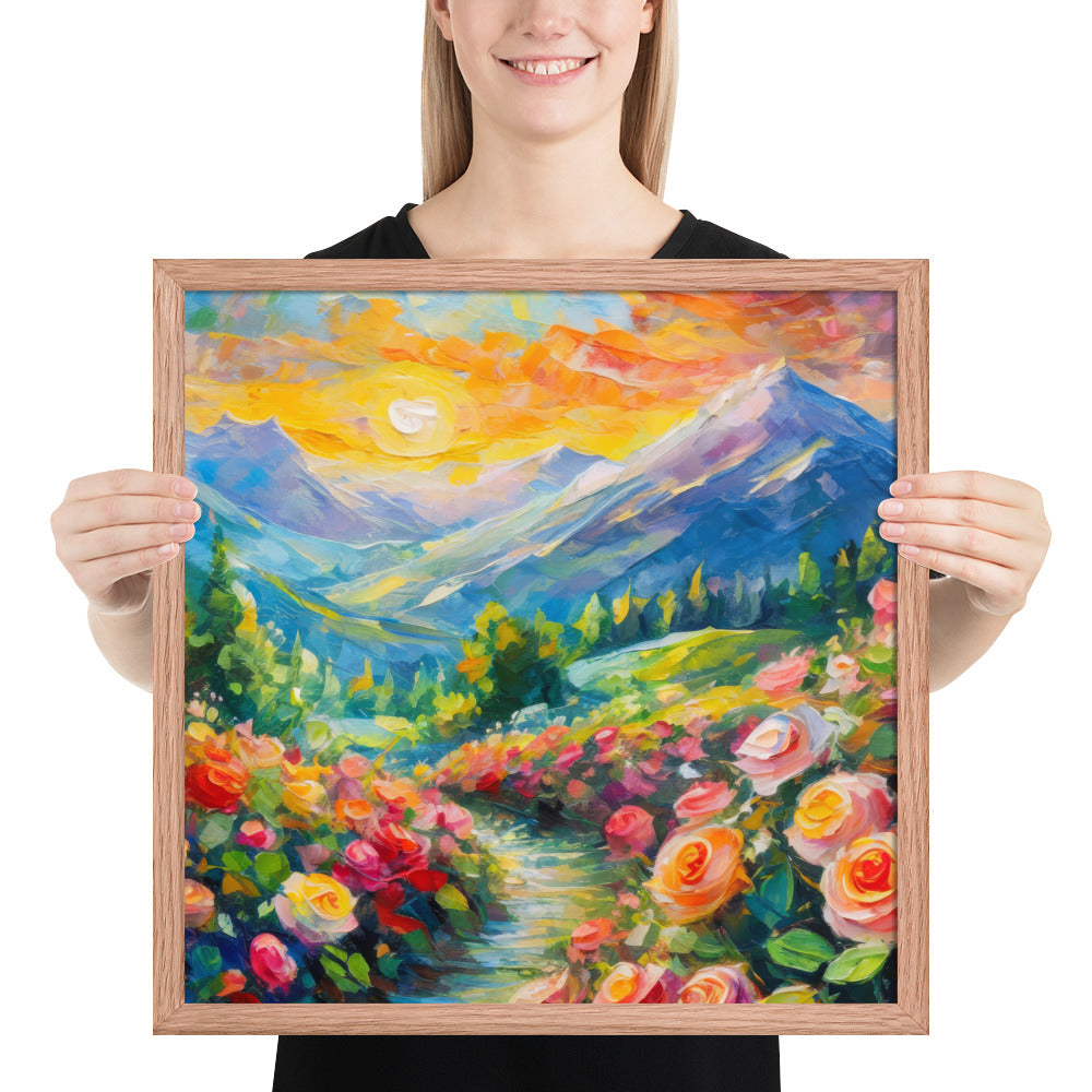 mountains, flowers, roses, sunset, clouds, landscape, scenic, colors, colorful,