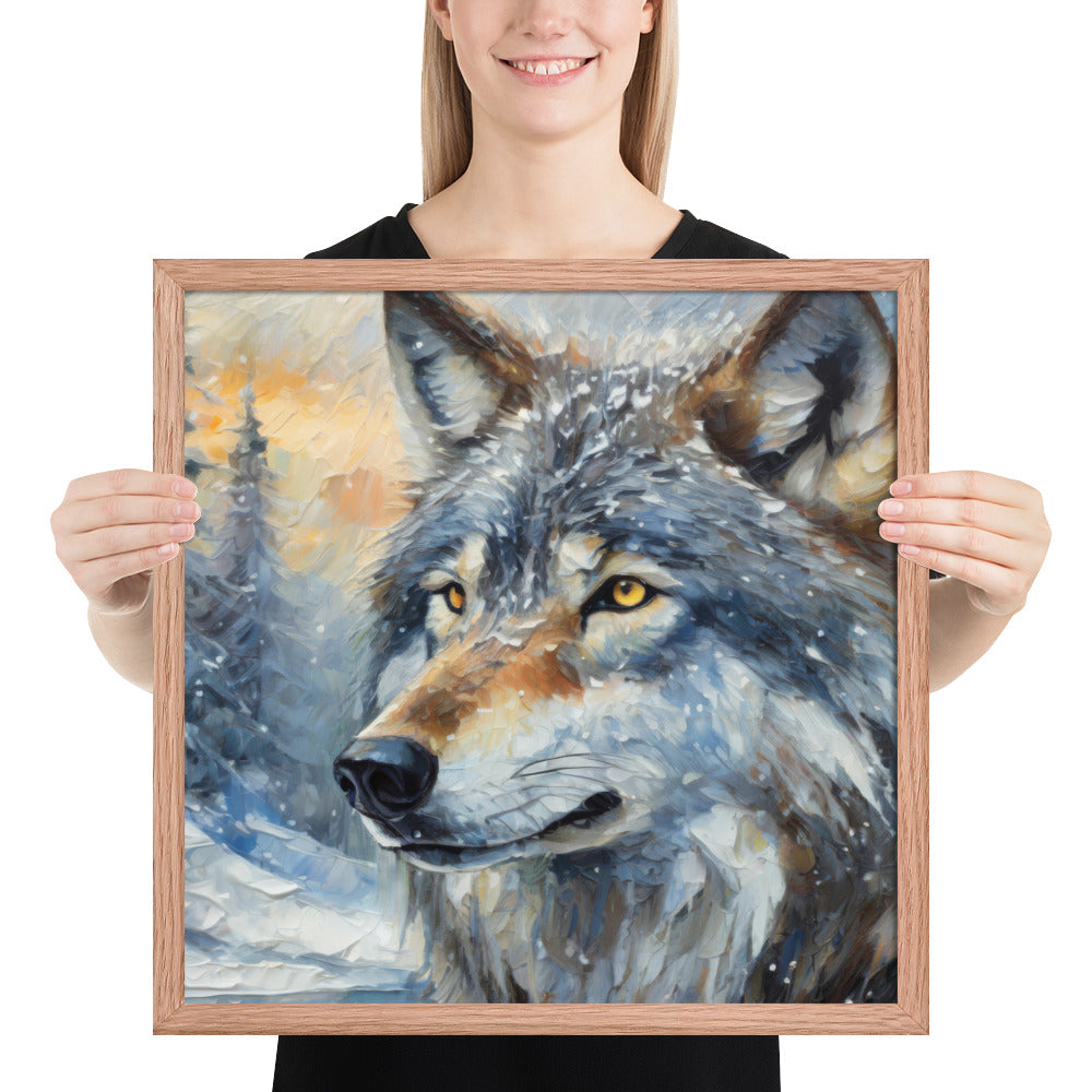 Beautiful Grey Wolf Framed Fine Art Poster Print - Vibrant Oil Painting, Winter Landscape, Perfect Gift For Nature, Winter &amp; Wildlife Lovers