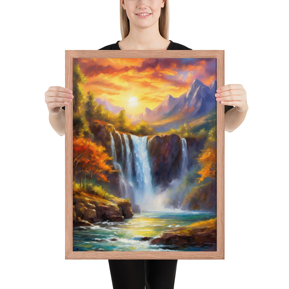 waterfall, waterfalls, nature, sunset, mountains, sunset, trees, clouds, art