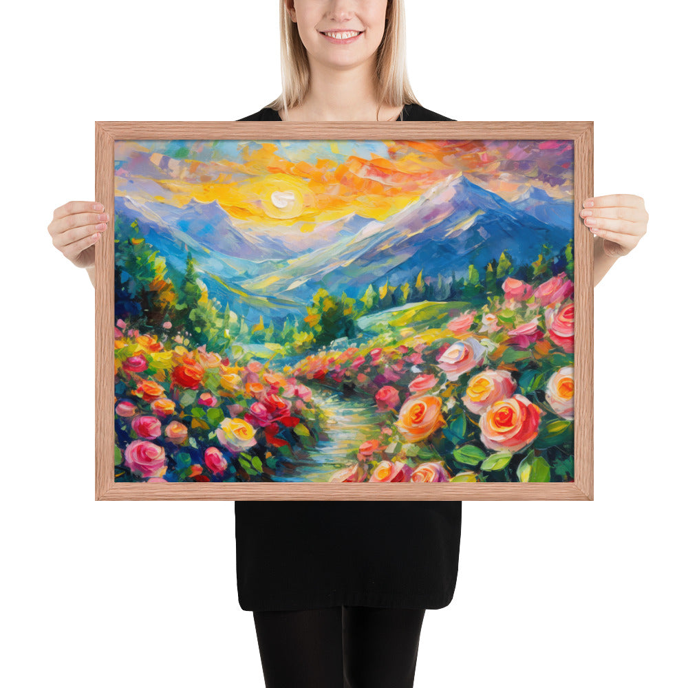 mountains, flowers, roses, sunset, clouds, landscape, scenic, colors, colorful,