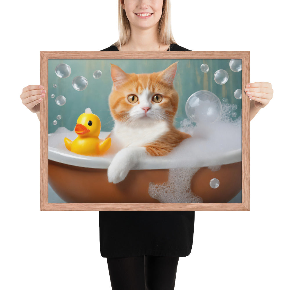 Adorable Cat Bubble Bath Framed Fine Art Poster Print - Perfect for Cat Lovers, Pet Enthusiasts, Kids, And Home Décor - Cute &amp; Funny Design