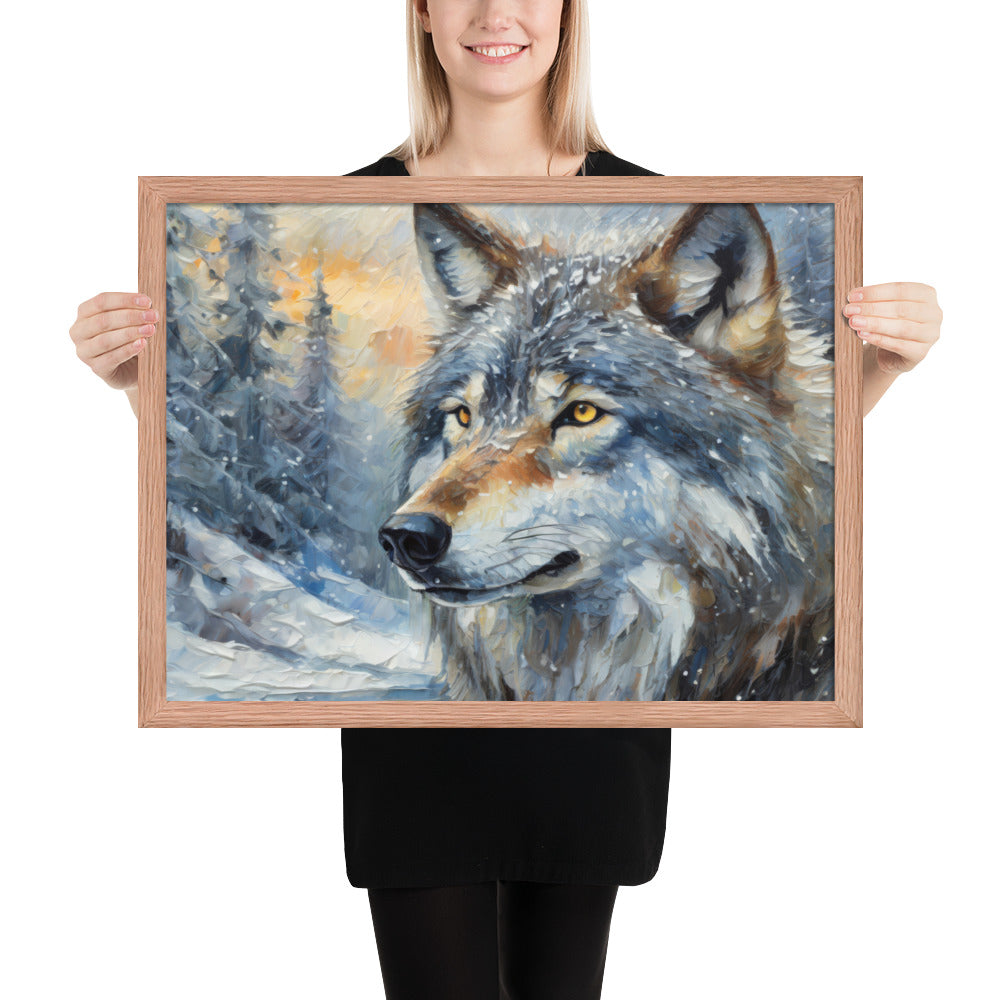 Beautiful Grey Wolf Framed Fine Art Poster Print - Vibrant Oil Painting, Winter Landscape, Perfect Gift For Nature, Winter &amp; Wildlife Lovers
