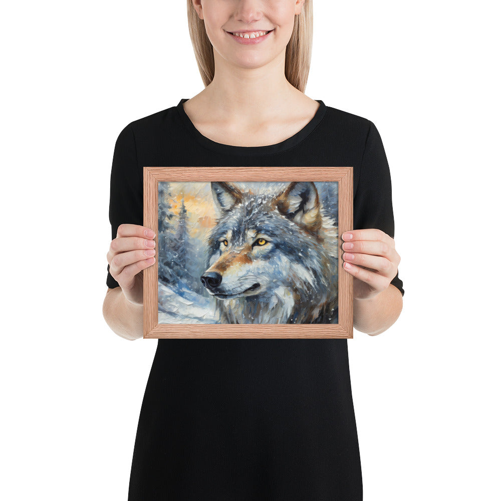 Beautiful Grey Wolf Framed Fine Art Poster Print - Vibrant Oil Painting, Winter Landscape, Perfect Gift For Nature, Winter &amp; Wildlife Lovers