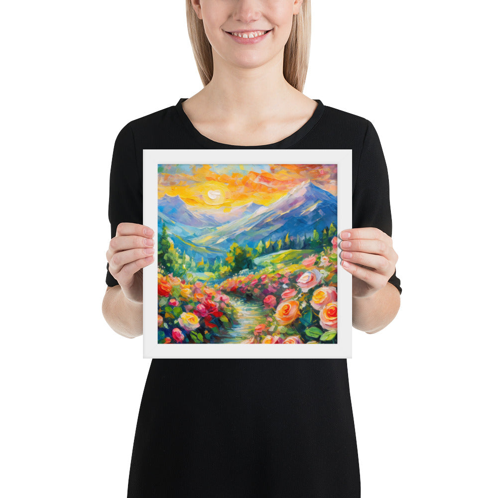 mountains, flowers, roses, sunset, clouds, landscape, scenic, colors, colorful,