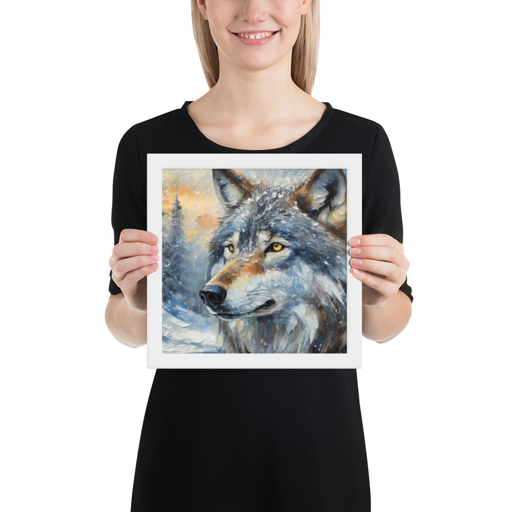 Beautiful Grey Wolf Framed Fine Art Poster Print - Vibrant Oil Painting, Winter Landscape, Perfect Gift For Nature, Winter &amp; Wildlife Lovers