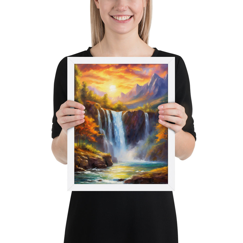 waterfall, waterfalls, nature, sunset, mountains, sunset, trees, clouds, art