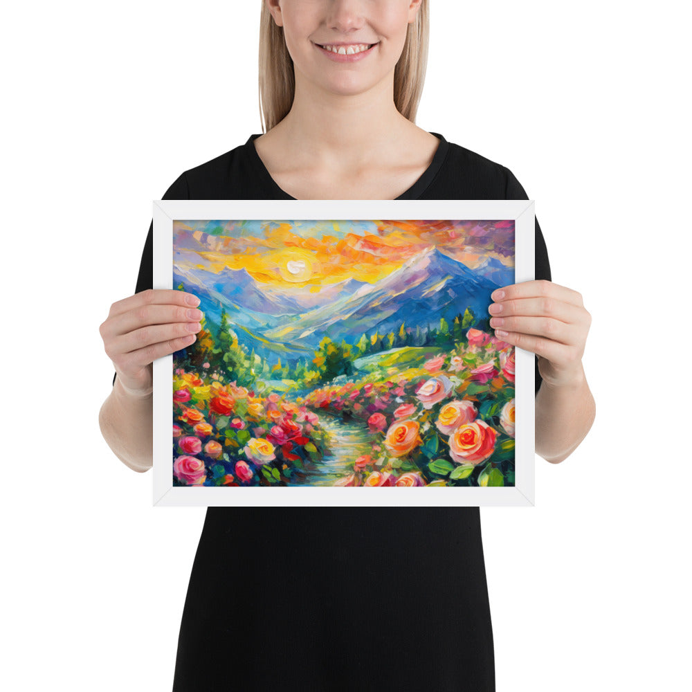 mountains, flowers, roses, sunset, clouds, landscape, scenic, colors, colorful,